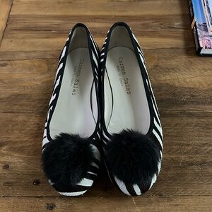 Anthropologie 39 9 Carmen Salas Zebra Print Calf Hair Pom Eco Ballet Flats